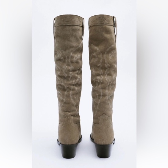 NEW! Zara Sand Beige Suede Leather Embroidered Cowboy Boots Size 11 - Picture 7 of 9